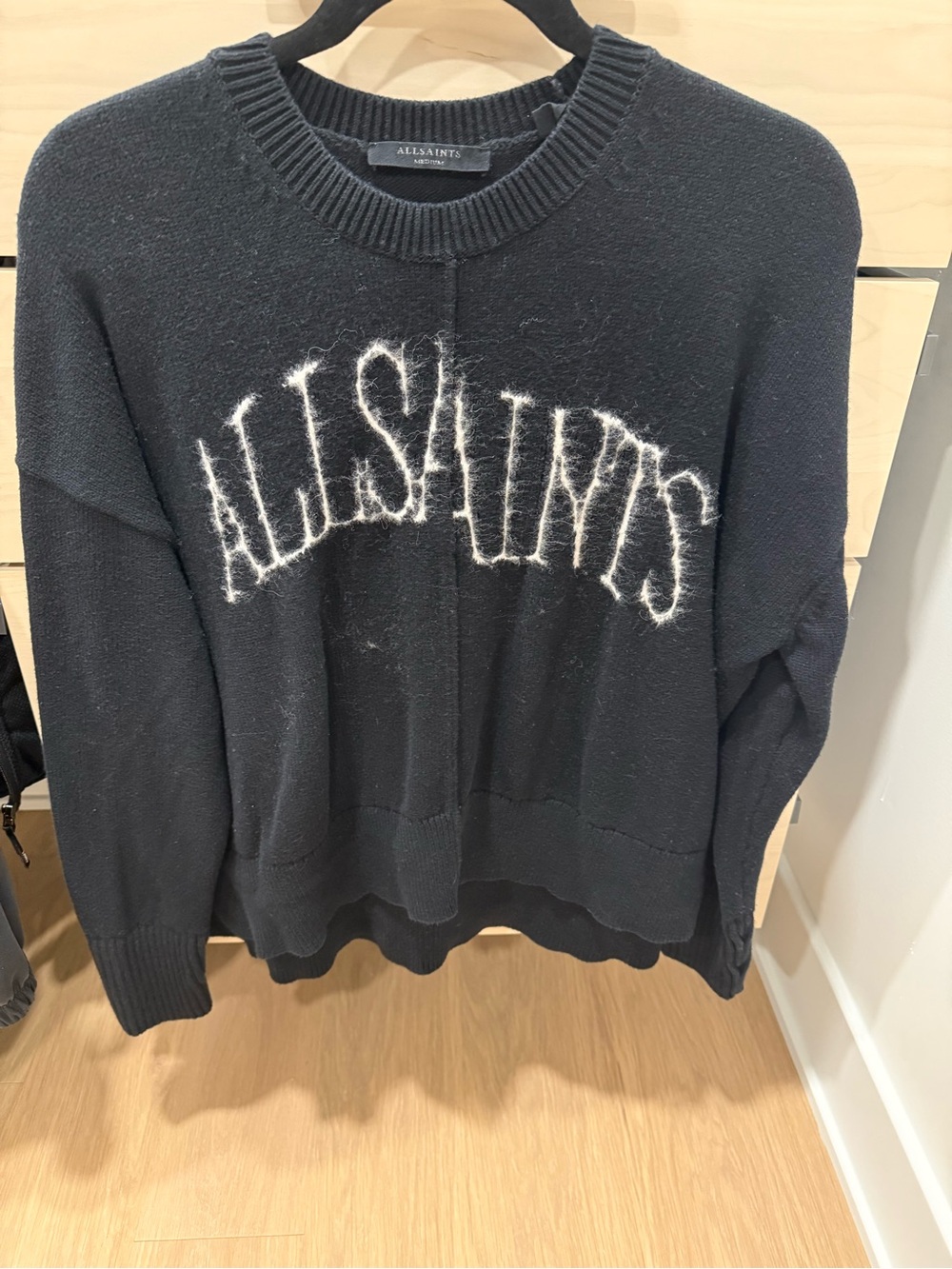 AllSaints Black Crewneck Sweater with White Fuzzy Logo